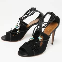 Pre Owned Aquazzura  Black Suede And Leather Open Toe Ankle Wrap  Sandals Size 41