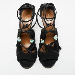 Pre Owned Aquazzura  Black Suede And Leather Open Toe Ankle Wrap  Sandals Size 41