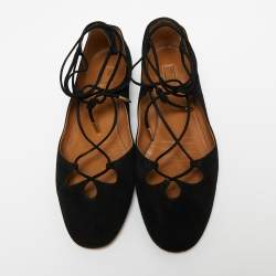 Pre Owned حذاء باليرينا فلات أكوازورا سويدي أسود بحزام للكاحل مقاس 38.5