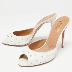 Pre Owned صندل سلايد أكوازورا ويش جلد أبيض مرصع مقاس 37.5