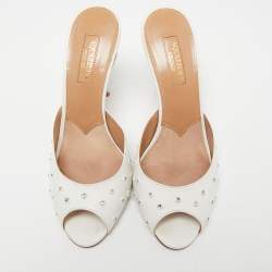 Pre Owned صندل سلايد أكوازورا ويش جلد أبيض مرصع مقاس 37.5