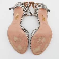 مملوكة مسبقًا صندل أكوازورا جلد ثعبان أسود/ أبيض سير كاحل مقدمة مفتوحة مقاس 39