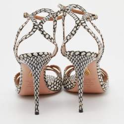 مملوكة مسبقًا صندل أكوازورا جلد ثعبان أسود/ أبيض سير كاحل مقدمة مفتوحة مقاس 39