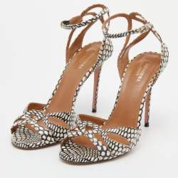 مملوكة مسبقًا صندل أكوازورا جلد ثعبان أسود/ أبيض سير كاحل مقدمة مفتوحة مقاس 39