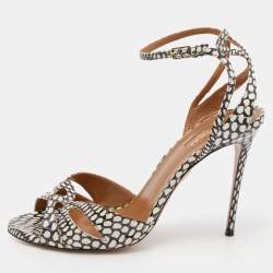 مملوكة مسبقًا صندل أكوازورا جلد ثعبان أسود/ أبيض سير كاحل مقدمة مفتوحة مقاس 39