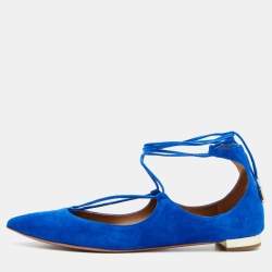 Pre Owned Aquazzura Blue Suede Christy Ankle Wrap Pointed Toe Ballet Flats Size 40