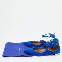 Pre Owned Aquazzura Blue Suede Christy Ankle Wrap Pointed Toe Ballet Flats Size 40