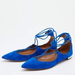 Pre Owned Aquazzura Blue Suede Christy Ankle Wrap Pointed Toe Ballet Flats Size 40