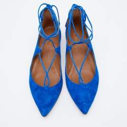 Pre Owned Aquazzura Blue Suede Christy Ankle Wrap Pointed Toe Ballet Flats Size 40