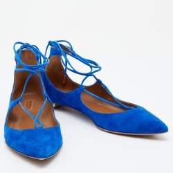 Pre Owned Aquazzura Blue Suede Christy Ankle Wrap Pointed Toe Ballet Flats Size 40