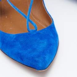 Pre Owned Aquazzura Blue Suede Christy Ankle Wrap Pointed Toe Ballet Flats Size 40