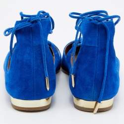 Pre Owned Aquazzura Blue Suede Christy Ankle Wrap Pointed Toe Ballet Flats Size 40