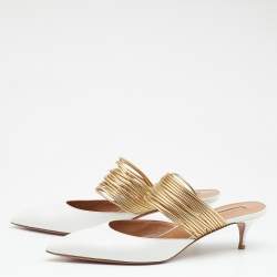 Pre Owned Aquazzura White/Gold Leather Rendez Vous Mules Size 41