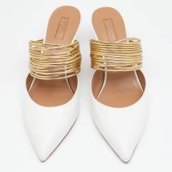Pre Owned Aquazzura White/Gold Leather Rendez Vous Mules Size 41