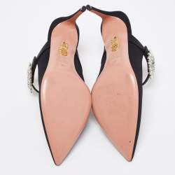 Pre Owned Aquazzura Black Fabric Crystal Embellished Blossom Pointed Toe Mules Size 38