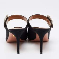 Pre Owned Aquazzura Black Fabric Crystal Embellished Blossom Pointed Toe Mules Size 38