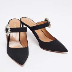 Pre Owned Aquazzura Black Fabric Crystal Embellished Blossom Pointed Toe Mules Size 38
