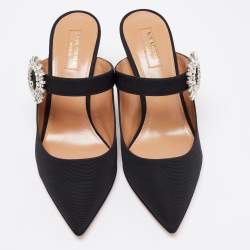 Pre Owned Aquazzura Black Fabric Crystal Embellished Blossom Pointed Toe Mules Size 38
