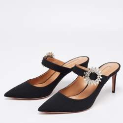 Pre Owned Aquazzura Black Fabric Crystal Embellished Blossom Pointed Toe Mules Size 38