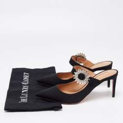 Pre Owned Aquazzura Black Fabric Crystal Embellished Blossom Pointed Toe Mules Size 38