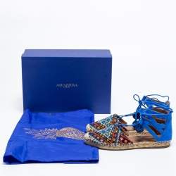 Pre Owned Aquazzura Blue Raffia And Suede Belgravia Lace Up Espadrille Flat Sandals Size 36