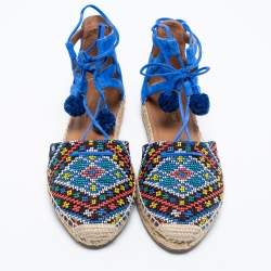 Pre Owned Aquazzura Blue Raffia And Suede Belgravia Lace Up Espadrille Flat Sandals Size 36