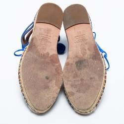 Pre Owned Aquazzura Blue Raffia And Suede Belgravia Lace Up Espadrille Flat Sandals Size 36