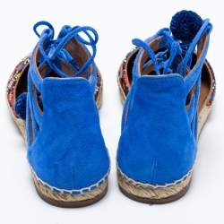 Pre Owned Aquazzura Blue Raffia And Suede Belgravia Lace Up Espadrille Flat Sandals Size 36