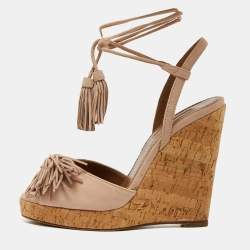 Pre Owned Aquazurra Beige Suede Wild One Cork Platform Wedge Sandals Size 36