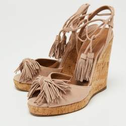 Pre Owned Aquazurra Beige Suede Wild One Cork Platform Wedge Sandals Size 36