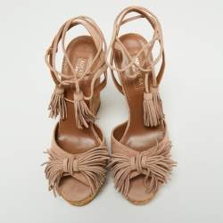 Pre Owned Aquazurra Beige Suede Wild One Cork Platform Wedge Sandals Size 36