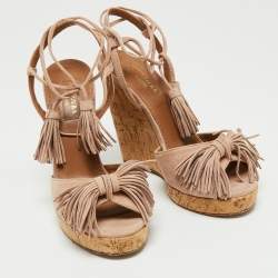 Pre Owned Aquazurra Beige Suede Wild One Cork Platform Wedge Sandals Size 36