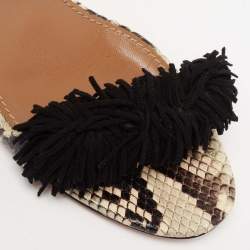مملوكة مسبقًا Aquazzura Black/Beige Python Embossed Leather And Fringed Suede Wild Thing Ankle Wrap Sandals Size 38