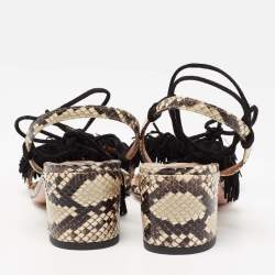 مملوكة مسبقًا Aquazzura Black/Beige Python Embossed Leather And Fringed Suede Wild Thing Ankle Wrap Sandals Size 38
