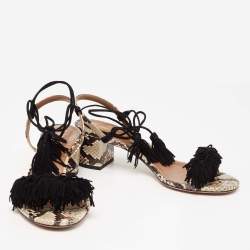 مملوكة مسبقًا Aquazzura Black/Beige Python Embossed Leather And Fringed Suede Wild Thing Ankle Wrap Sandals Size 38