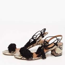 مملوكة مسبقًا Aquazzura Black/Beige Python Embossed Leather And Fringed Suede Wild Thing Ankle Wrap Sandals Size 38