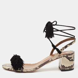 مملوكة مسبقًا Aquazzura Black/Beige Python Embossed Leather And Fringed Suede Wild Thing Ankle Wrap Sandals Size 38