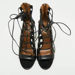 Pre Owned Aquazzura Black Leather Amazon Lace Up Open-Toe Sandals Size 37