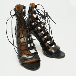 Pre Owned Aquazzura Black Leather Amazon Lace Up Open-Toe Sandals Size 37