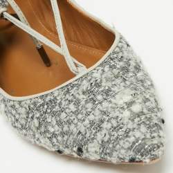 Pre Owned Aquazzura Grey/Black Tweed  Christy Ankle Strap Ballet Flats Size 38.5
