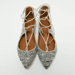 Pre Owned Aquazzura Grey/Black Tweed  Christy Ankle Strap Ballet Flats Size 38.5