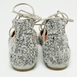 Pre Owned Aquazzura Grey/Black Tweed  Christy Ankle Strap Ballet Flats Size 38.5