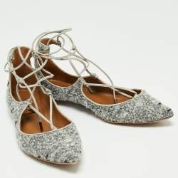 Pre Owned Aquazzura Grey/Black Tweed  Christy Ankle Strap Ballet Flats Size 38.5