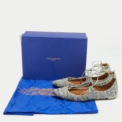 Pre Owned Aquazzura Grey/Black Tweed  Christy Ankle Strap Ballet Flats Size 38.5