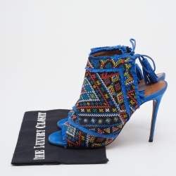 Pre Owned Aquazzura Multicolor Woven Fabric And Raffia Colorado Booties Size 38.5
