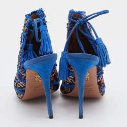 Pre Owned Aquazzura Multicolor Woven Fabric And Raffia Colorado Booties Size 38.5