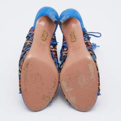 Pre Owned Aquazzura Multicolor Woven Fabric And Raffia Colorado Booties Size 38.5