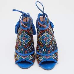 Pre Owned Aquazzura Multicolor Woven Fabric And Raffia Colorado Booties Size 38.5