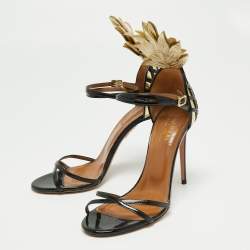مملوكة مسبقًا Aquazzura Black/Gold Patent Leather Pina Colada Ankle Strap Sandals Size 37.5