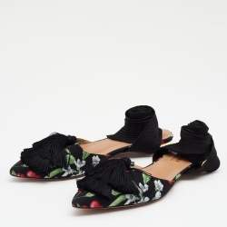 Pre Owned Aquazzura Multicolor Floral Print Fabric Tassel Ankle Wrap Flat Sandals Size 36